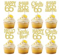 30 decorazioni per torte con scritta "Happy Birthday", con glitter Hello 65 Sixty Five, decorazioni per torte con scritta "Happy 65th Birthday", decorazione per torta per 65° anniversario, colore oro