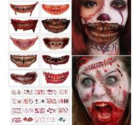 30 fogli di adesivi per tatuaggi di Halloween, tatuaggi temporanei, tatuaggi temporanei per il viso, set di adesivi con teschio, impermeabili, terrore, ferita, puntelli di scena per Halloween