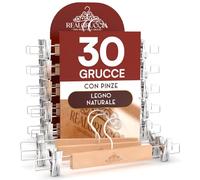 30 Grucce Appendiabiti con Pinze per Gonne Jeans Pantaloni in Legno Naturale 13x33cm - RealGruccia Gancio Girevole 360° in Metallo Resistente Clips Regolabili Salvaspazio e Robuste - Finitura Lucida