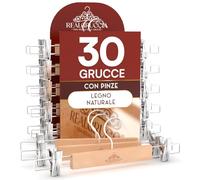 30 Grucce Appendiabiti con Pinze per Pantaloni Jeans Gonne in Legno Naturale 13x33cm - RealGruccia Finitura Lucida - Gancio Girevole 360° in Metallo Resistente Clips Regolabili Salvaspazio e Robuste