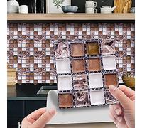 30 Pezzi Adesivi per Piastrelle per Mobili e Pareti, Hiser 3D Mosaico Stile Impermeabile Adesivo da Parete Autoadesive Rotoli Carta per Cucina Bagno Casa Decorativo 10x10cm (Marrone)