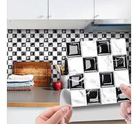 30 Pezzi Adesivi per Piastrelle per Mobili e Pareti, Hiser 3D Mosaico Stile Impermeabile Adesivo da Parete Autoadesive Rotoli Carta per Cucina Bagno Casa Decorativo (Nero Bianco,20x20cm)