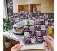 30 Pezzi Adesivi per Piastrelle per Mobili e Pareti, Hiser 3D Mosaico Stile Impermeabile Adesivo da Parete Autoadesive Rotoli Carta per Cucina Bagno Casa Decorativo 10x10cm (Viola)