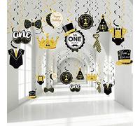30 Pezzi Decorazioni Spirale da Appendere di Compleanno Mr. Onederful Turbinii di Stagnola Glitter Oro Nero Festa del 1 Segno Topper Baffi a Soffitto per Il Primo Compleanno del Neonato