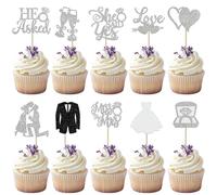 30 pezzi Miss to Mrs Cupcake Toppers Glitter Diamante Anello Decorazione per Torte He Ask She Said Yes Decorazione per Torta di Fidanzamento Matrimonio Tema Festa Torta Decorazioni Argento