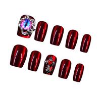 30 pezzi Press On Nails Brevi occhi di gatto quadrati colore vino unghie finte lucide con ventosa del diavolo e strass regalo per donne