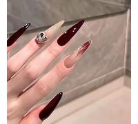 30 pezzi Press on Nails lunghi stiletto, colore bordeaux, rosso, Ombre, unghie artificiali da incollare, unghie finte nude finte, set di unghie in acrilico da donna