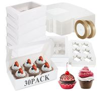 30 Pezzi Scatole per Cupcakes 6 Fori Porta Torta con Coperchio 24x16x7.5 cm Robusta Scatola di Cartone e Inserti Bianca per Decorare Torte e Trasporto Cupcake per piccole torte, pasticcini, biscotti