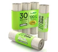 30 Sacchi Ambra Grandi Spazzatura in Plastica HDPE 90x120cm 120L Antiforo Ultra Resistenti per Raccolta Rifiuti Pattumiera Condominiale 3 Rotoli a Strappo - 30 Sacchetti