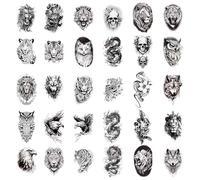 30 tatuaggi temporanei Homme Femme Adulte, 3D Grand Tribal Lion Tigre Faux Tatouages ephemere Autocollants Halloween, Imperméable Noir Réaliste Tatouage Animaux Durée de 1-2 Semaines