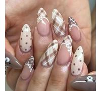 30 unghie a pressione beige con tè al latte, stile vintage francese caldo marrone moka a quadri e pois, linea delicata con dettagli minimi per donne da indossare tutti i giorni e occasioni speciali