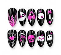 30 unghie a pressione, colore nero e rosa, fantasma, teschio, Halloween | Gli accenti grafici audaci aggiungono un tocco giocoso per lo stile del costume, celebrazioni, servizi fotografici