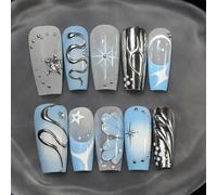 30 unghie a pressione in acciaio blu sfumato - Strass & Farfalla Silver Line Star Modern Tech Inspired Futuristico Chrome Art - per donne manicure moda uso quotidiano