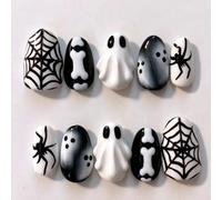 30 unghie a pressione per Halloween, colore bianco e nero, con ragnatela a | Le punte lucide a copertura completa creano una manicure ordinata per serate in costume, feste a tema, servizi fotografici
