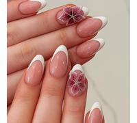 30 unghie finte a mandorla con punta francese, design quadrato corto, colore nudo e bianco 3D, copertura completa, per donne, fai da te, saloni, kit con involucri acrilici, senza luce UV trasparente