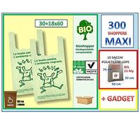 300 BORSE SPESA 30x60 MAXI (+10 SACCHI GRANDI LDPE). Shopper biodegradabili e compostabili Made in Italy Norma EN13432