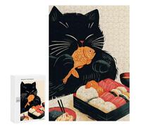 300 PCS Puzzle Per Adolescenti Puzzle Black Cat with Sushi - Chubby Cat Puzzle Per Adulti Gioco Pratico Assemblaggio Del Modello Regali Unici Per Compleanno E Natale 300 PCS