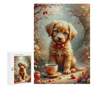 300 PCS Puzzle Per Adulti Affectionate Sweet Aesthetic Charming Cartoon, A Cute Puppy Sits Next to A Strawberry Bush Puzzle Per Adulti Antistress Difficili E Stimolanti Divertimento in Famiglia E Sera
