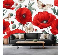 300 x 210 cm Carta Da Parati Fotografica Pianta La Farfalla Del Papavero, Fotomurali in tessuto non tessuto Murale alla moda Decorazione da Muro, per soggiorno camera da letto, Rosso