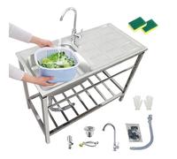 304 Acciaio Inox Lavello da Cucina Indipendente con Gambe & Rubinetto Lavandino Da Esterno Portatile Lavello Professionale Robusto Facile Da Montare Per Lavanderia/Giardino/Cantina/Negozio(75x40xH75cm