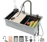 304 Lavello Da Cucina In Acciaio Inox Lavello A Barra Singola Lavabo Multifunzione Per La Casa Con Rubinetto,Componente Di Drenaggio,Bacino Di Drenaggio,Cestello Di Drenaggio,Tagliere (Color : Black