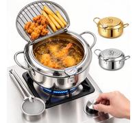 304 Stainless Steel Deep Fryer Pot with Thermometer and Rack，silver,2.2L | Deep Frying Pot with basket, Japanese Tempura Fryer, Deep-Body, for Fries Chicken and Stovetop Frying & Crispy Cooking