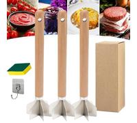 304 Stainless Steel Meat Chopper, 6-Blade Ground Beef Masher with Wooden Handle, 11" Multi-Use Tool for Hamburger, Potato Masher, Vegetable Puree, and More (3 pc)