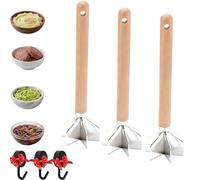 304 Stainless Steel Meat Chopper with Wooden Handle, 6-Blade Heavy Duty Ground Beef Masher with Hook up, Heat Resistant Metal Hamburger Smasher Tool for Meat, Potatoes & Avocado (3PCS)