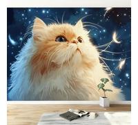 308 x 220 cm Carta Da Parati Fotografica Animale Gatto Cielo Stellato, Fotomurali in tessuto non tessuto Murale alla moda Decorazione da Muro, per soggiorno camera da letto, Blu Navy