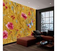 308 x 220 cm Carta Da Parati Fotografica Piante Farfalle Fiori, Fotomurali in tessuto non tessuto Murale alla moda Decorazione da Muro, per soggiorno camera da letto, Giallo