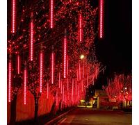 30cm 10 Tubo 360LED Pioggia Luci,DINOWIN Meteor Luci Impermeabili Solare Decorazione luci a Sospensione per Esterni Giardino Festa di Nozze, alberi di Natale (Rosso)