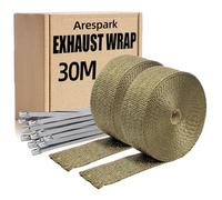30M Nastro Termico Isolante, Arespark 2 Rotoli 15m D'oro Bende Termiche Moto Fatto di Fibre di Basalto con 24 Fascette Metalliche, per Collettori di Scarico Moto e Auto