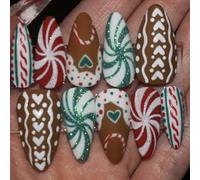 30PCS Festivo Rosso E Verde Cuore Modello Unghie Artificiali Breve Forma Quadrata ABS Premere sulle Unghie Per Natale Festa di Natale Rosso Verde A Strisce Unghie finte