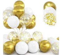 30Pcs Palloncini Oro, 12 Pollici Bianchi e Oro Metallizzato Cromati Confetti Lattice Elio Palloncini con Nastroper Compleanno Matrimonio Bambini Baby Shower Feste Decorazioni