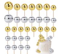 30pz Toppers per Cupcake Palline Discoteca, Mini Plettri per Palline Discoteca Decorazioni per Torte Retrò con Bastoncino Feste Discoteca Anni '70 Decorazioni Compleanno (Argento, Oro)