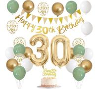 30th Birthday Decorations for Women Men, Banner with Cake Topper Number 18 Foil Balloon Sage Green White Gold Balloons for 18th Years Old Birthday Party Decoration