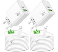 30W 2-Porte Caricatore Rapido e 3-Metri Cavo per iPhone 14 13 12 11 Pro/Max/Mini, X XR XS 8 7 6 Plus, iPad, Original Caricabatterie USB C e USB A Spina Ricarica Adattatore Alimentatore 4-Pezzi
