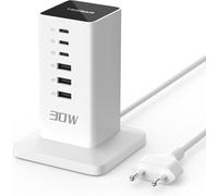 30W Caricatore USB C Multiplo, Alimentatore USB Con 6 Porte, Caricabatterie, Sta
