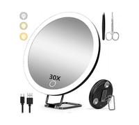 30X Magnifying Mirror with Light, 15cm 3 Color Modes Dimming, with 3 Suction Cups and 360 Table Stand A-M Edition 0926