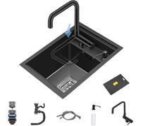 30x45x21CM Cact Undermount Bar Lavello - Inless Acciaio Singola Ciotola con Rubinetto Pieghevole & Copertura, Design Salvaspazio per camper e piccole cucine, Sk Nero Grigio h