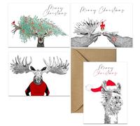 32 biglietti natalizi divertenti, illustrazioni di renne, lama e cervi, ecologici