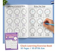 32 pagine Libro di esercizi per il riconoscimento dell'orario per bambini, Quaderno di apprendimento dell'orologio per bambini, Disegna l'ora, Scrivi l'ora al minuto più vicino, Pratica di matematica 