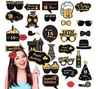 32 pezzi Accessori Photo Booth Compleanno 18 Anni Oro Nero,Kit Festa Compleanno Barba Occhiali Maschera,Accessori Foto per Feste Matrimonio Carnevale Halloween Natale per Bambini e Adulti