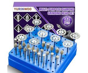 32 Pezzi Frese Diamantate Set con Custodia, Grana 60, con 10 dischi diamantati, set di punte da trapano con gambo da 1/8" (3 mm) per intaglio, lucidatura e taglio di pietra, vetro e ceramica