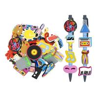 32 topper artistici a matita per cannucce, penne, cucchiai, musica, tavolozza, anni '80, cassetta, scienza, microfono, vernice, design retrò, decorazione di cancelleria in gomma, riempitivi per