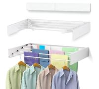 32” Wall Mounted Hanging Drying Rack Laundry for Kitchen Bathroom Use - Foldable Indoor Outdoor Drying Line with 4 Steel Poles - Collapsible Laundry Organizer Clothes Rack for Outdoor Balconies