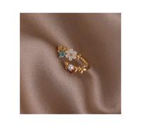 -32024 Anello coreano delicato con fiore di perla e foglia, stile semplice e versatile, aperto, per donna