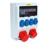 32A - Distributore di corrente da costruzione, IP44, 38 x 28 x 15 cm, con 1 interruttore di protezione da perdite 63 A-30 mA-4P, 2 1P LS C16A, interruttore di alimentazione, 1 3P LS C16A, 1 3P LS C32A