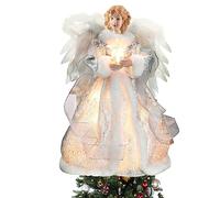 32cm Puntale Albero di Natale Angelo, Illuminato Angelo Puntale per Albero di Natale con Luci LED e Ali di Piume, Christmas Tree Topper in Tessuto Alimentato a Batteria per Decorazione Natalizia