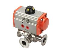 32mm 304 Stainless Steel Sanitary Pneumatic Ball Valve 3 Way Tri Clamp Ferrule Type Ball Valves With Double Acting Cylinder(T Type)